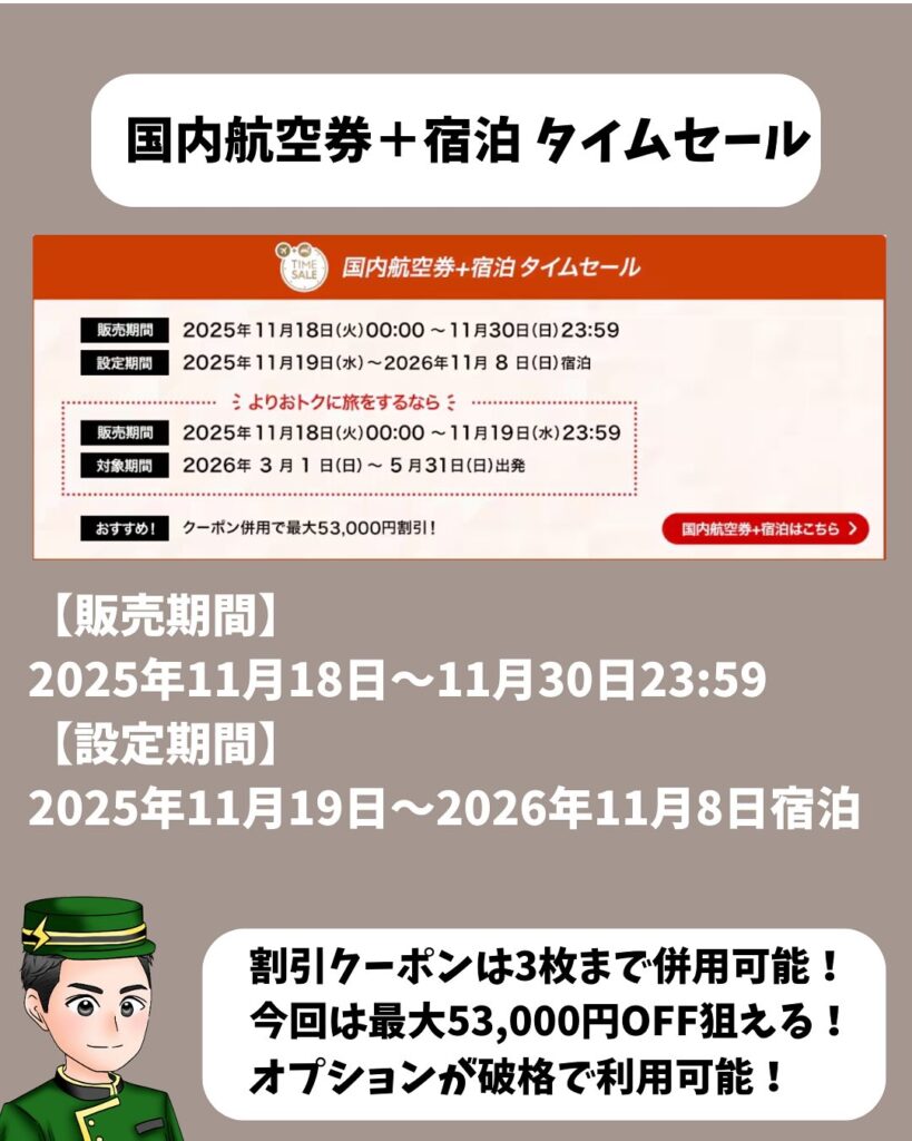 国内航空券＋宿泊が最大53,000円オフ