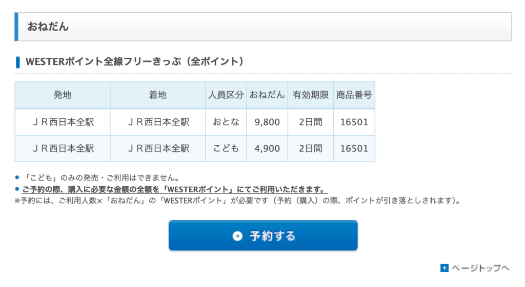 WESTERポイント全線フリーきっぷ 購入方法