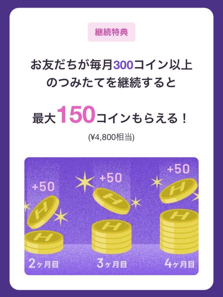 既存会員向け|1人招待につき、200コイン(6,400円相当)GET!さらに、お友だちが300コイン以上の積み立て継続で、最大350コインに!
