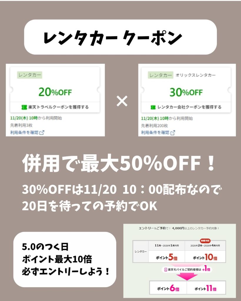 レンタカー：クーポン併用で最大50％オフ